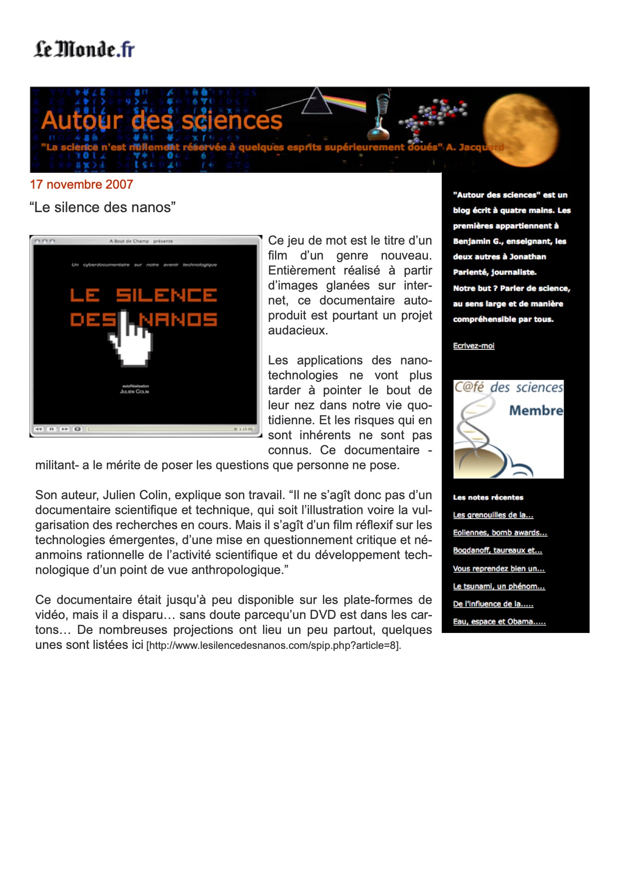 Le Monde Autour des sciences article